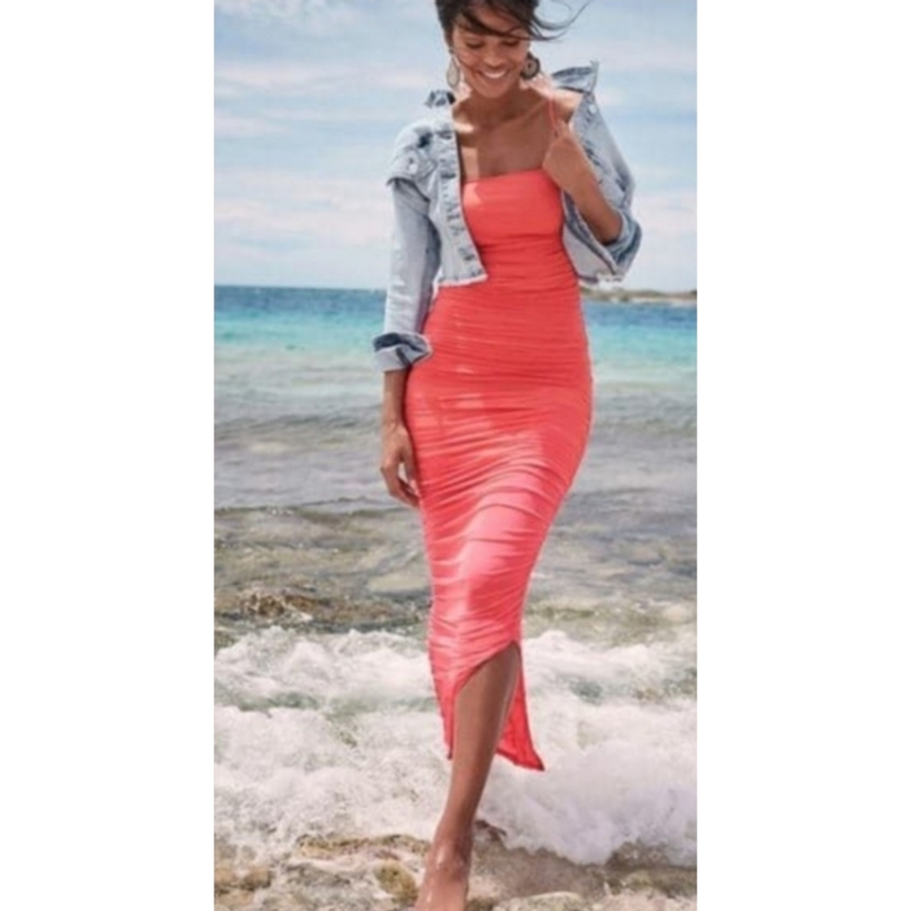 VENUS Coral Orange Ruched Bodycon Spaghetti Strap Side Slit Maxi Dress - Small